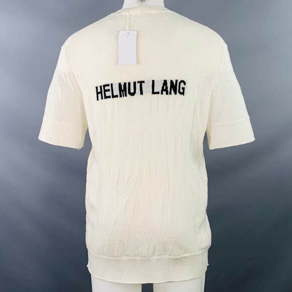 HELMUT LANG S Cream Ivory Knit Merino Wool Blend Crushed Short Sleeve T-shirt - Picture 4 of 6